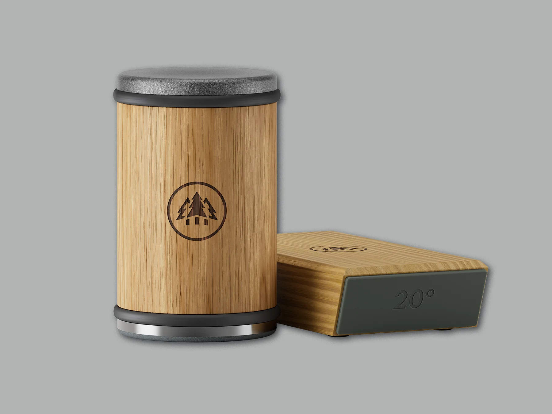 HORL®3 Eiche mit graviertem Baum-Logo und magnetischer 15&20-Grad-Schleiflehre auf grauem Hintergrund